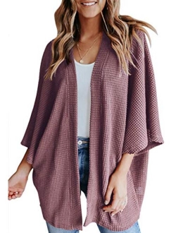 YIBOCK Women's Lightweight Kimono Cardigans Sweater Loose Waffle Knit 3/4 Batwing Sleeve Beach Cover Up