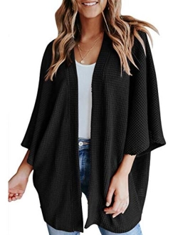 YIBOCK Women's Lightweight Kimono Cardigans Sweater Loose Waffle Knit 3/4 Batwing Sleeve Beach Cover Up