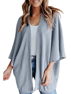 YIBOCK Women's Lightweight Kimono Cardigans Sweater Loose Waffle Knit 3/4 Batwing Sleeve Beach Cover Up