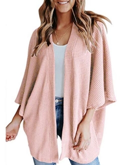 YIBOCK Women's Lightweight Kimono Cardigans Sweater Loose Waffle Knit 3/4 Batwing Sleeve Beach Cover Up