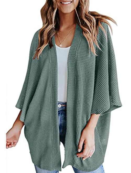 YIBOCK Women's Lightweight Kimono Cardigans Sweater Loose Waffle Knit 3/4 Batwing Sleeve Beach Cover Up