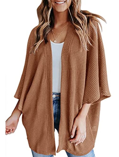 YIBOCK Women's Lightweight Kimono Cardigans Sweater Loose Waffle Knit 3/4 Batwing Sleeve Beach Cover Up