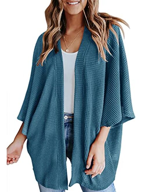 YIBOCK Women's Lightweight Kimono Cardigans Sweater Loose Waffle Knit 3/4 Batwing Sleeve Beach Cover Up