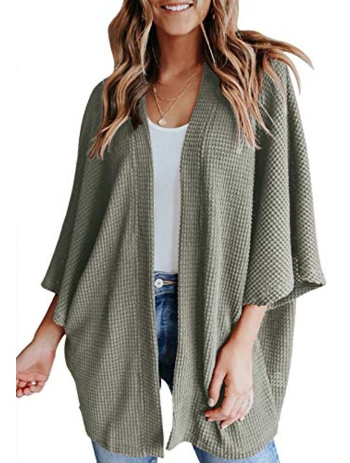 YIBOCK Women's Lightweight Kimono Cardigans Sweater Loose Waffle Knit 3/4 Batwing Sleeve Beach Cover Up