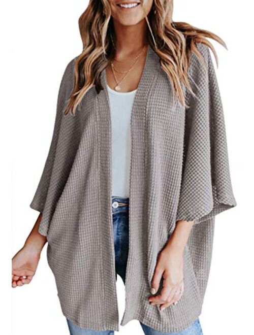 YIBOCK Women's Lightweight Kimono Cardigans Sweater Loose Waffle Knit 3/4 Batwing Sleeve Beach Cover Up