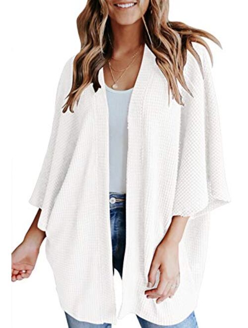 YIBOCK Women's Lightweight Kimono Cardigans Sweater Loose Waffle Knit 3/4 Batwing Sleeve Beach Cover Up