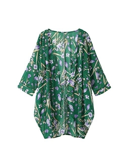 olrain Women's Floral Print Sheer Chiffon Loose Kimono Cardigan Capes