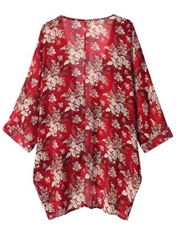 olrain Women's Floral Print Sheer Chiffon Loose Kimono Cardigan Capes