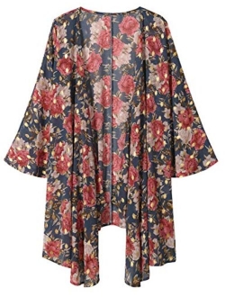 olrain Women's Floral Print Sheer Chiffon Loose Kimono Cardigan Capes