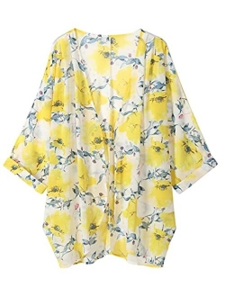 olrain Women's Floral Print Sheer Chiffon Loose Kimono Cardigan Capes