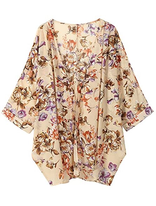 olrain Women's Floral Print Sheer Chiffon Loose Kimono Cardigan Capes