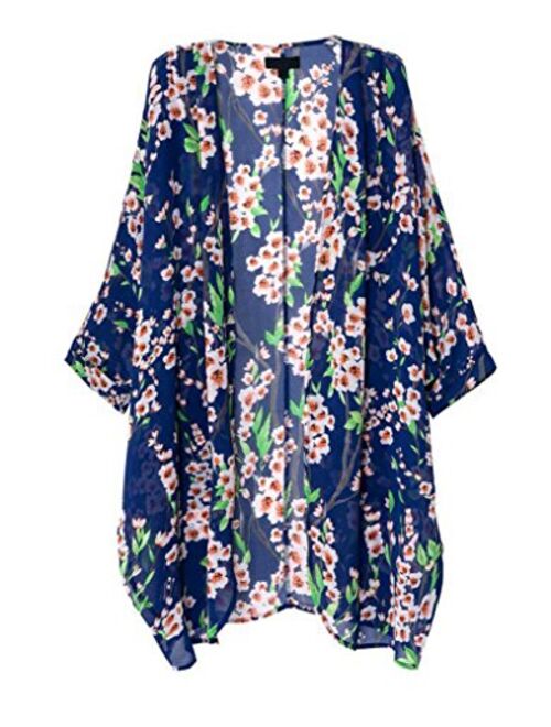 olrain Women's Floral Print Sheer Chiffon Loose Kimono Cardigan Capes