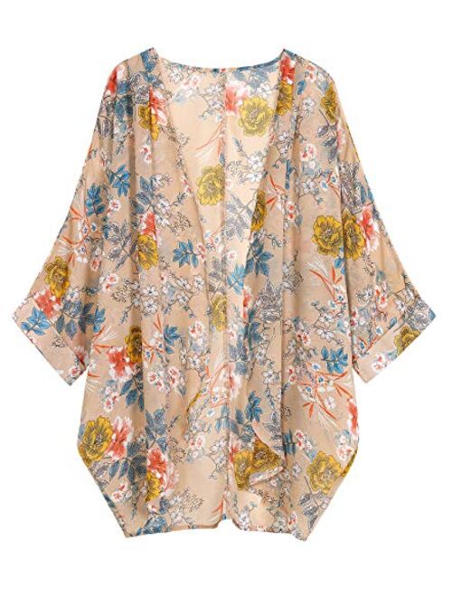 olrain Women's Floral Print Sheer Chiffon Loose Kimono Cardigan Capes