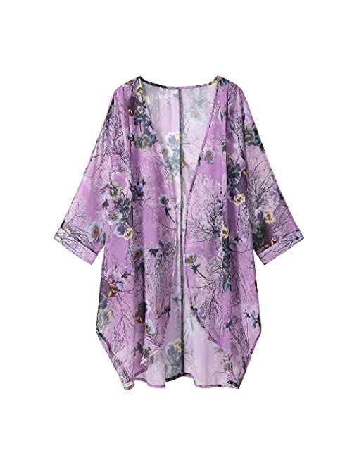 olrain Women's Floral Print Sheer Chiffon Loose Kimono Cardigan Capes