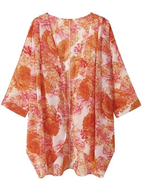 olrain Women's Floral Print Sheer Chiffon Loose Kimono Cardigan Capes