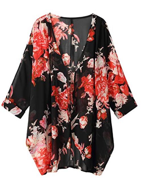 olrain Women's Floral Print Sheer Chiffon Loose Kimono Cardigan Capes