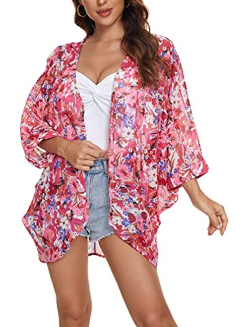 olrain Women's Floral Print Sheer Chiffon Loose Kimono Cardigan Capes