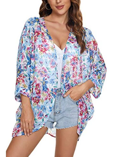 olrain Women's Floral Print Sheer Chiffon Loose Kimono Cardigan Capes