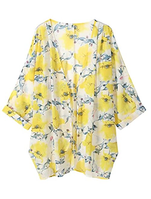 olrain Women's Floral Print Sheer Chiffon Loose Kimono Cardigan Capes