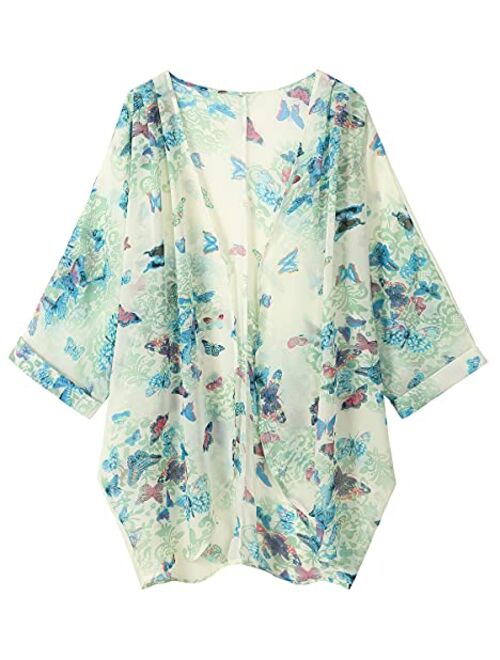 olrain Women's Floral Print Sheer Chiffon Loose Kimono Cardigan Capes