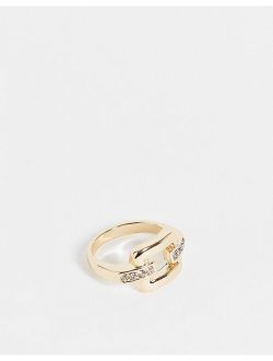 oversized pave chain link ring in gold