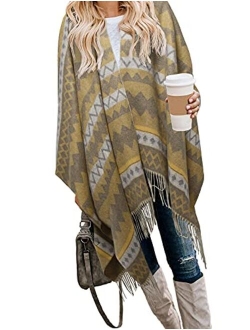 Bestshe Women's Stylish Open Front Poncho Cape Clock Block Oversize Knitted Shawl Wrap for Women