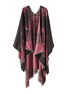 Bestshe Women's Stylish Open Front Poncho Cape Clock Block Oversize Knitted Shawl Wrap for Women