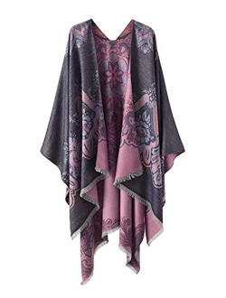 Bestshe Women's Stylish Open Front Poncho Cape Clock Block Oversize Knitted Shawl Wrap for Women