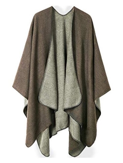 Bestshe Women's Stylish Open Front Poncho Cape Clock Block Oversize Knitted Shawl Wrap for Women