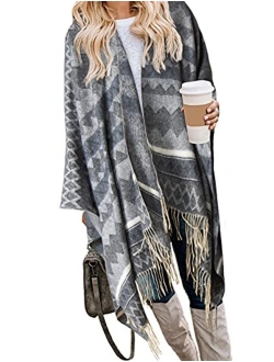 Bestshe Women's Stylish Open Front Poncho Cape Clock Block Oversize Knitted Shawl Wrap for Women