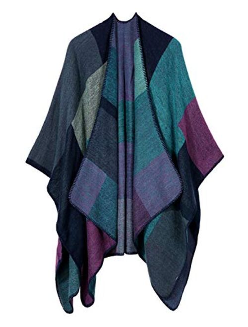 Bestshe Women's Stylish Open Front Poncho Cape Clock Block Oversize Knitted Shawl Wrap for Women