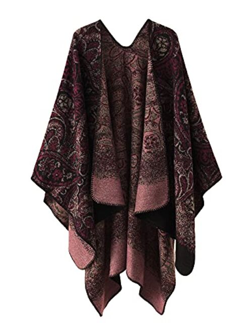 Bestshe Women's Stylish Open Front Poncho Cape Clock Block Oversize Knitted Shawl Wrap for Women