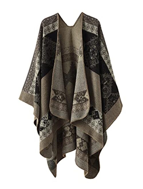 Bestshe Women's Stylish Open Front Poncho Cape Clock Block Oversize Knitted Shawl Wrap for Women