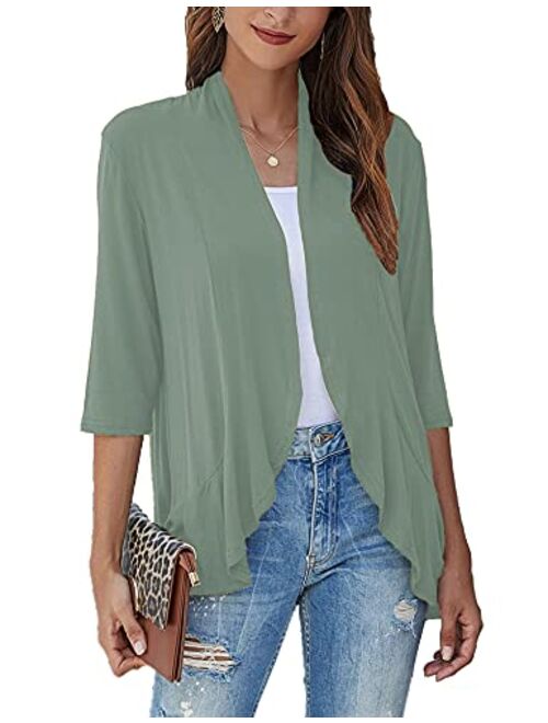 Bluetime Women's Casual Lightweight Open Front Cardigans Soft Draped Ruffles 3/4 Sleeve Cardigan (S-3XL)