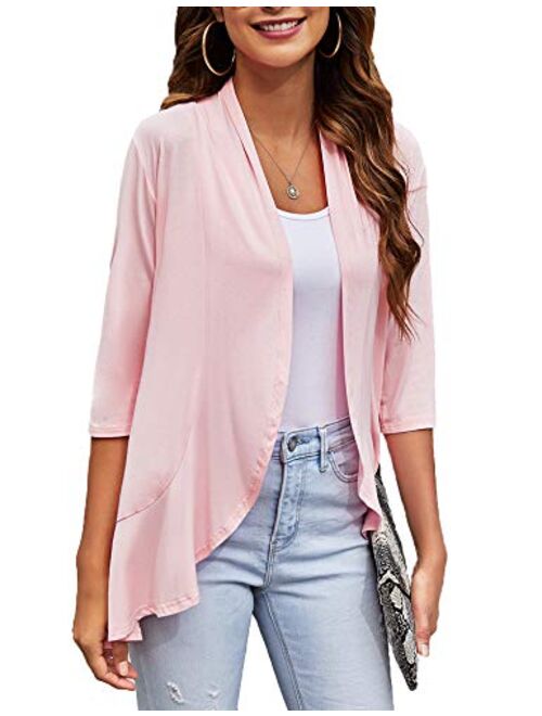 Bluetime Women's Casual Lightweight Open Front Cardigans Soft Draped Ruffles 3/4 Sleeve Cardigan (S-3XL)