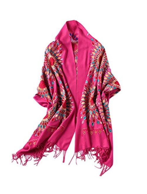 Women's Embroidered Oversize Tassel Shawl Scarf