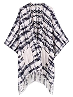 Breezy Lane Women's Shawl Wraps Plaid Poncho with Tassel Open Front Cape Cardigan for Fall Winter Holiday