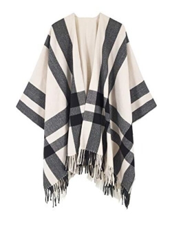 Breezy Lane Women's Shawl Wraps Plaid Poncho with Tassel Open Front Cape Cardigan for Fall Winter Holiday