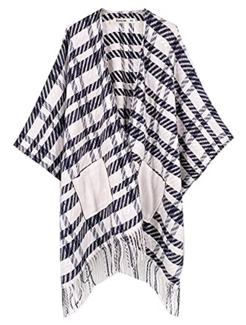 Breezy Lane Women's Shawl Wraps Plaid Poncho with Tassel Open Front Cape Cardigan for Fall Winter Holiday