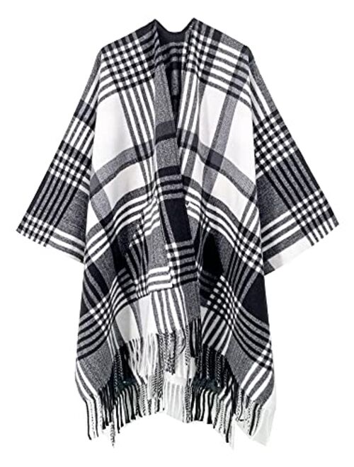 Breezy Lane Women's Shawl Wraps Plaid Poncho with Tassel Open Front Cape Cardigan for Fall Winter Holiday