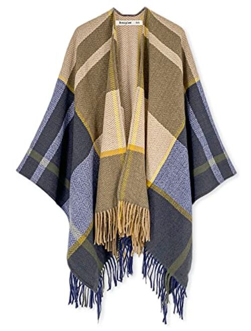 Breezy Lane Women's Shawl Wraps Plaid Poncho with Tassel Open Front Cape Cardigan for Fall Winter Holiday