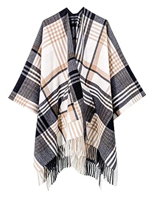 Breezy Lane Women's Shawl Wraps Plaid Poncho with Tassel Open Front Cape Cardigan for Fall Winter Holiday