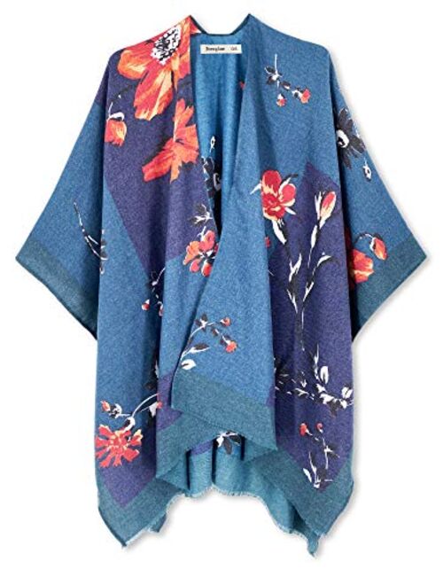 Breezy Lane Women's Shawl Wraps Plaid Poncho with Tassel Open Front Cape Cardigan for Fall Winter Holiday