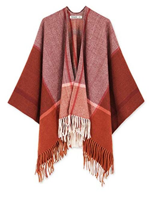 Breezy Lane Women's Shawl Wraps Plaid Poncho with Tassel Open Front Cape Cardigan for Fall Winter Holiday