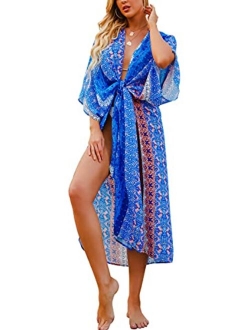 Hibluco Women's Summer Chiffon Floral Kimono Cardigan Long Swimwear Cover Ups