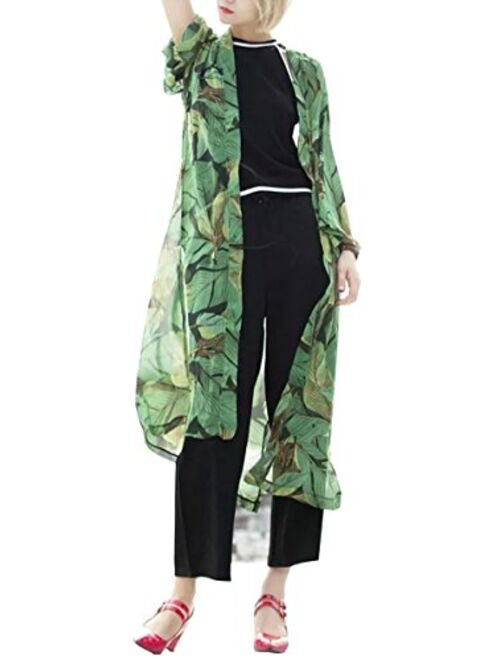 Hibluco Women's Summer Chiffon Floral Kimono Cardigan Long Swimwear Cover Ups