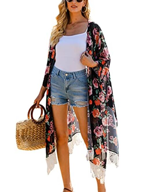 Hibluco Women's Summer Chiffon Floral Kimono Cardigan Long Swimwear Cover Ups