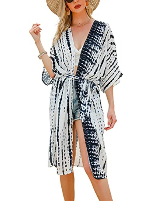 Hibluco Women's Summer Chiffon Floral Kimono Cardigan Long Swimwear Cover Ups