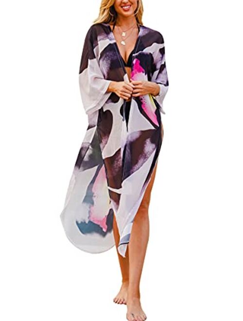 Hibluco Women's Summer Chiffon Floral Kimono Cardigan Long Swimwear Cover Ups