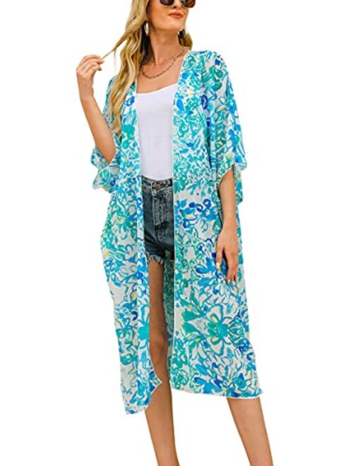 Hibluco Women's Summer Chiffon Floral Kimono Cardigan Long Swimwear Cover Ups